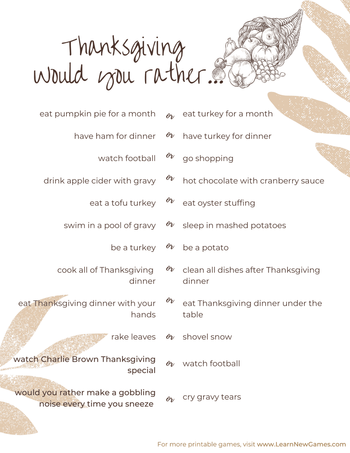 Would You Rather: Thanksgiving FREE Printable – Learn New Games